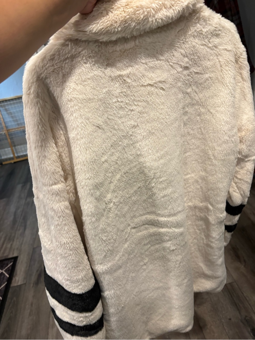 Stoosh Cream Faux Fur Coat with Black Sleeve Stripes - Picture 6 of 7